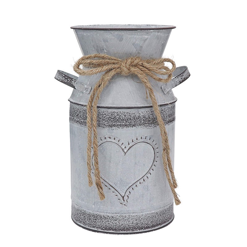 Fovasen Rustic Shabby Chic Vase Vintage Farmhouse Vase for Flowers,Galvanized Milk Can with Heart Design for Garden Wedding Kitchen Decor - 7.5" - Image 1